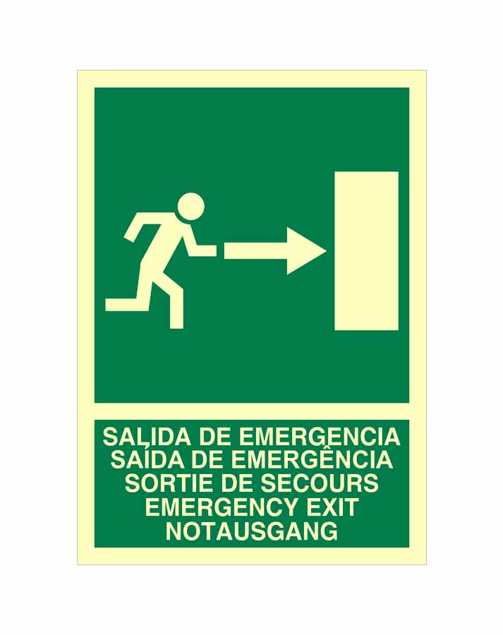 Cartel de salida de emergencia a la derecha. Señal luminiscente de